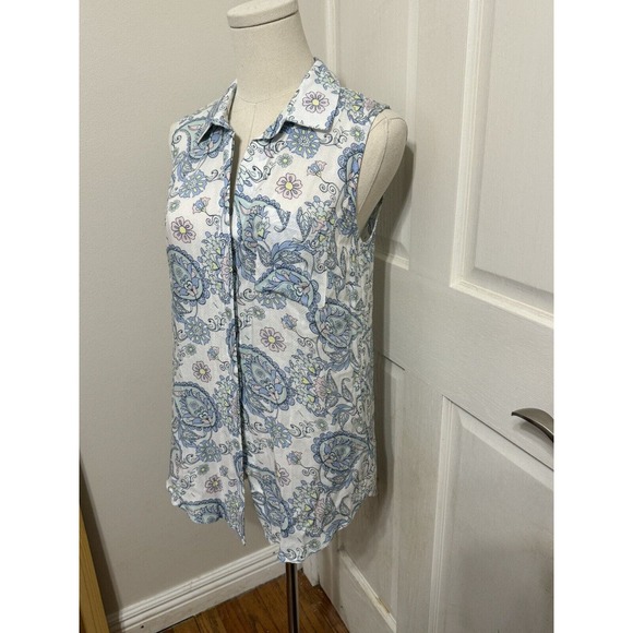 Tribal Jeans Paisley Shirt Top Sleeveless Blue White Floral Print Size Petite Sm - Picture 2 of 5